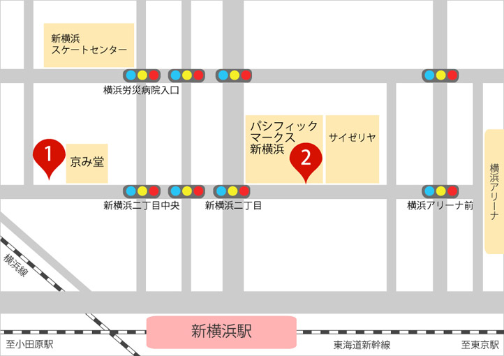 東海道新幹線新横浜駅から北西に150mほど歩きます。新横浜二丁目の信号を右折するとKINKAのお弁当販売所があります。パシフィックマークス新横浜ビルが目印です。